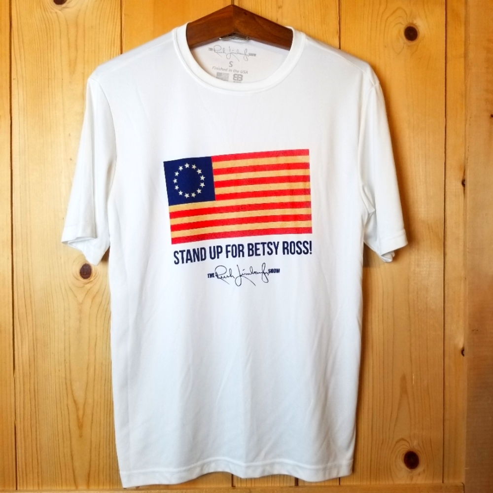 Rush Limbaugh "Stand Up For Betsy Ross!" American Flag Short Sleeve T-Shirt NWOT